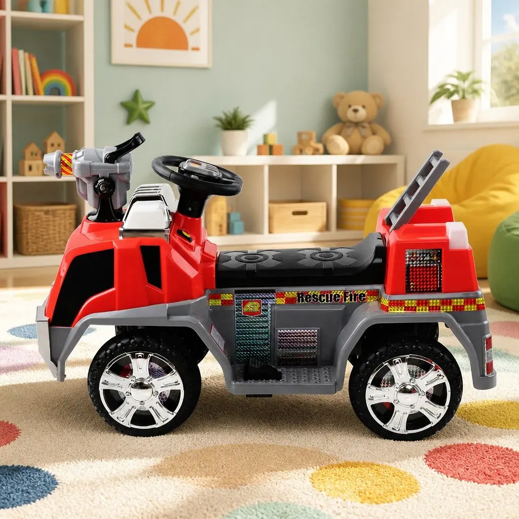 Electric Ride On Fire Truck Toy Red 6V Battery Powered with Steering Wheel and Acceleration Pedal