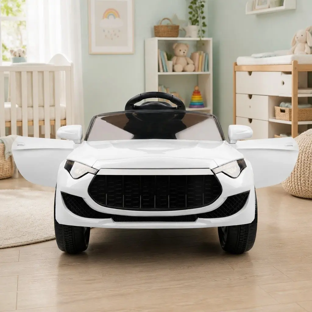 Ride On Car Electric 12V White Lacquer with Steering Wheel Remote Control Music Lights