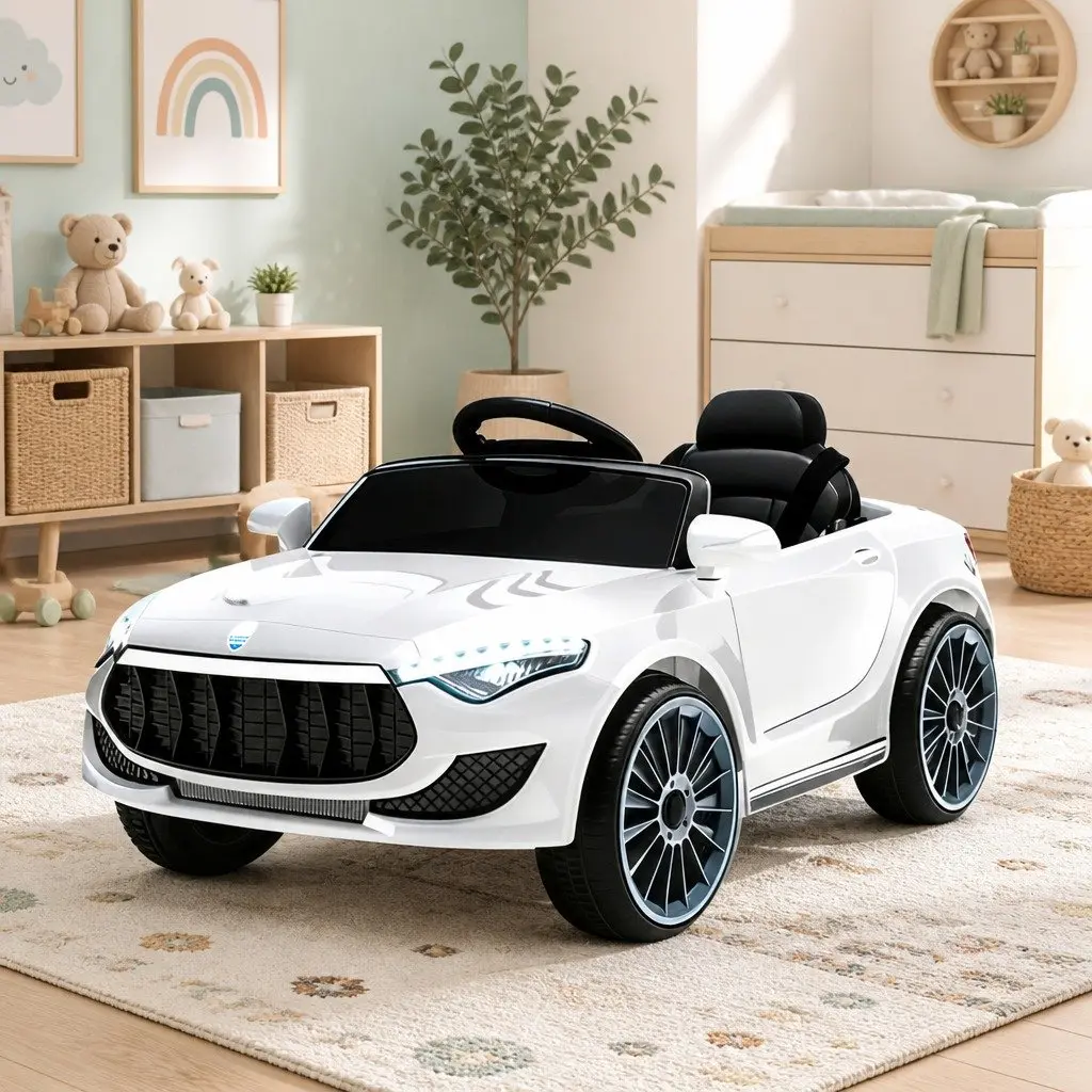 Ride On Car Electric 12V White Lacquer with Steering Wheel Remote Control Music Lights