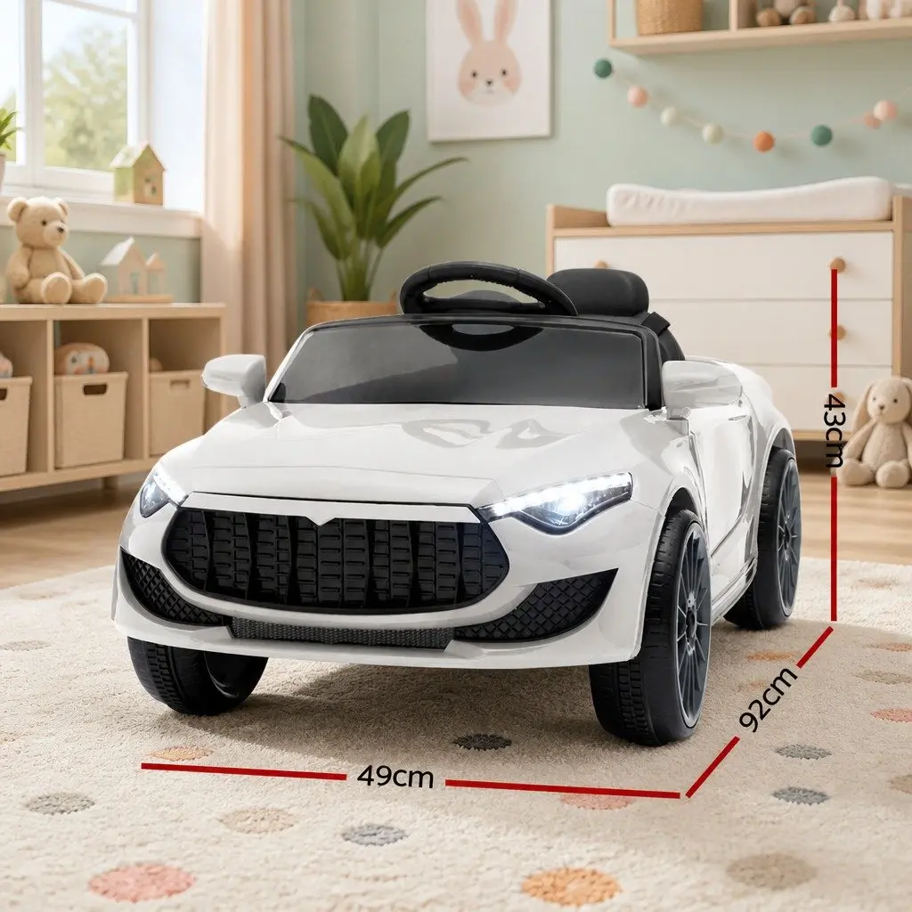 Ride On Car Electric 12V White Lacquer with Steering Wheel Remote Control Music Lights