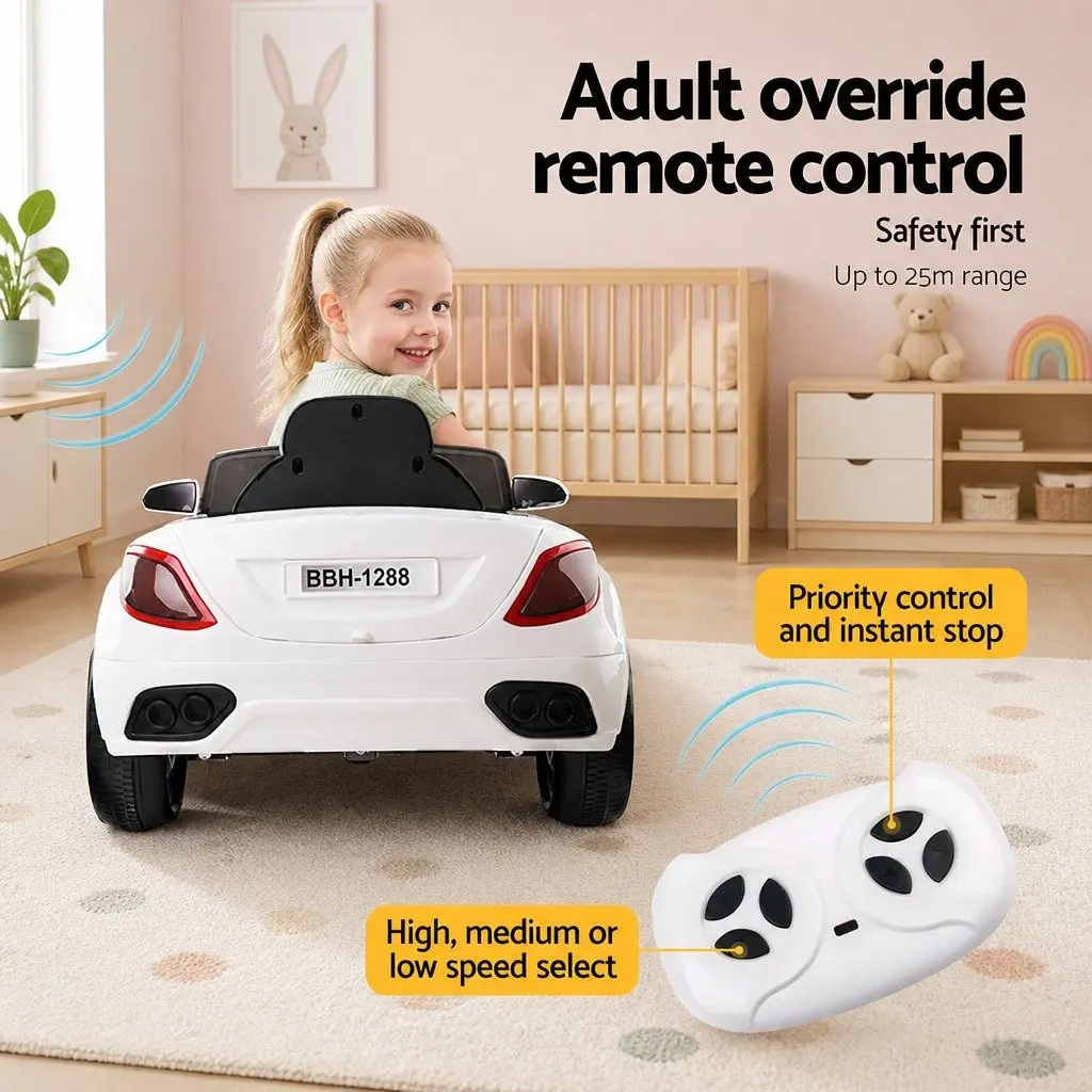 Ride On Car Electric 12V White Lacquer with Steering Wheel Remote Control Music Lights