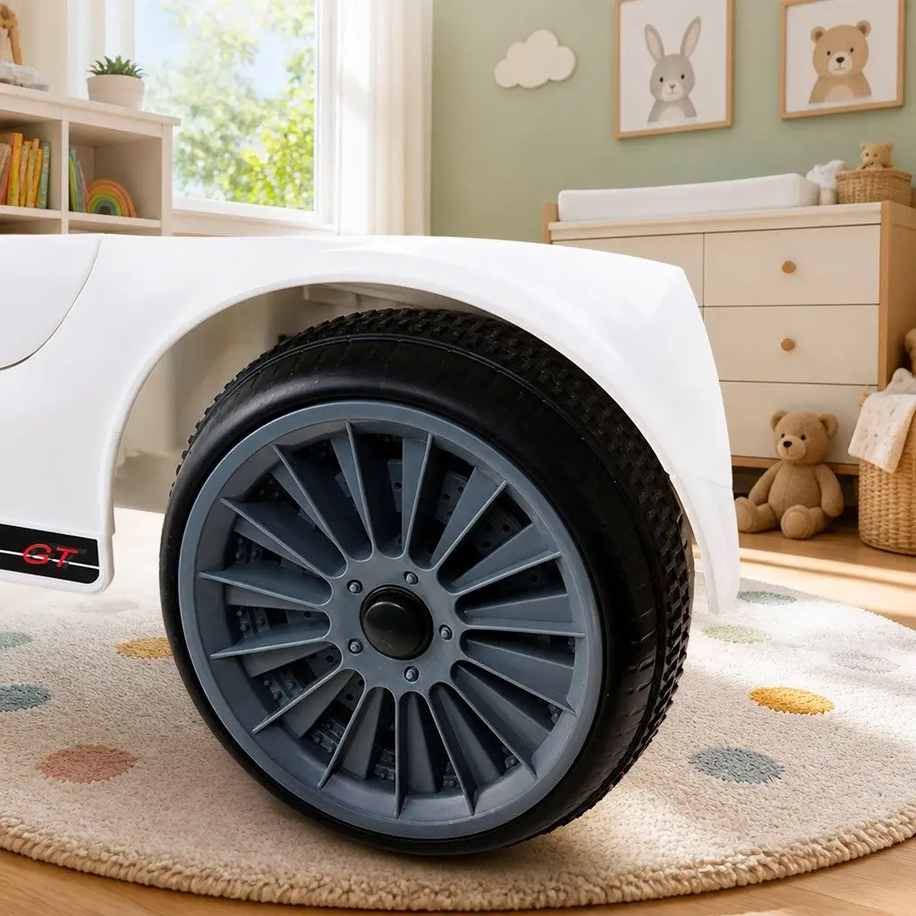 Ride On Car Electric 12V White Lacquer with Steering Wheel Remote Control Music Lights