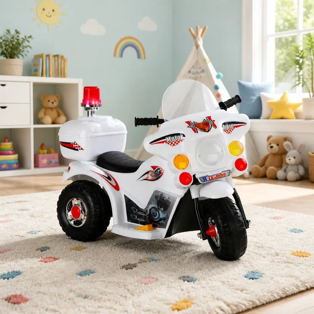Kids Electric Ride-On Police Motorcycle in White
