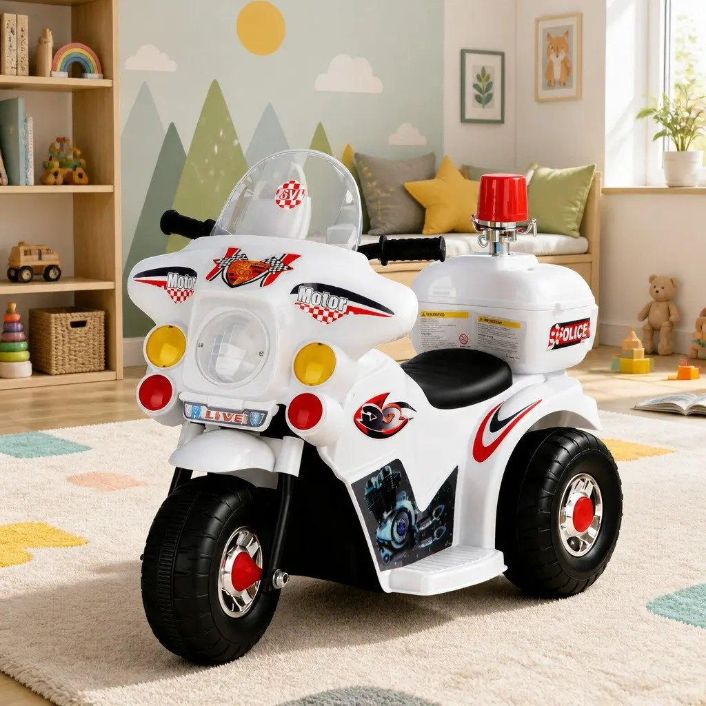 Kids Electric Ride-On Police Motorcycle in White
