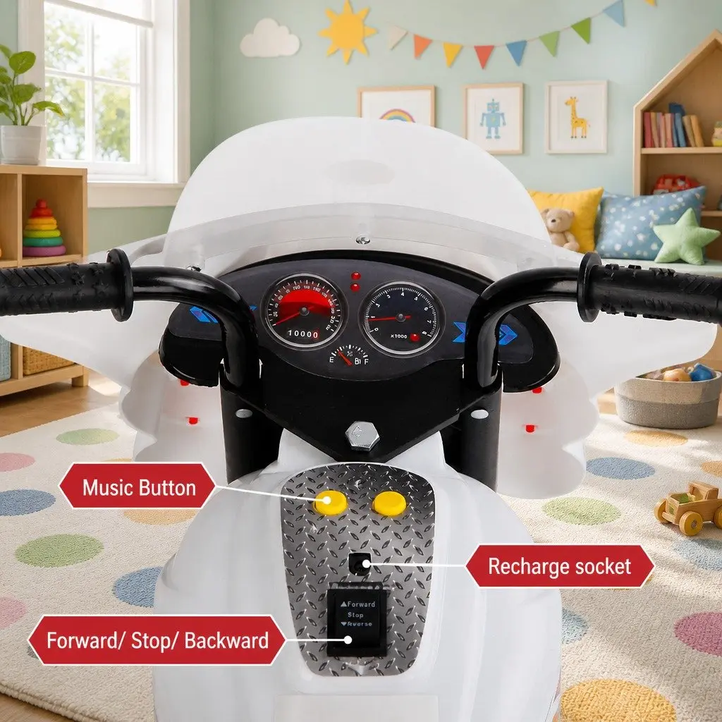 Kids Electric Ride-On Police Motorcycle in White