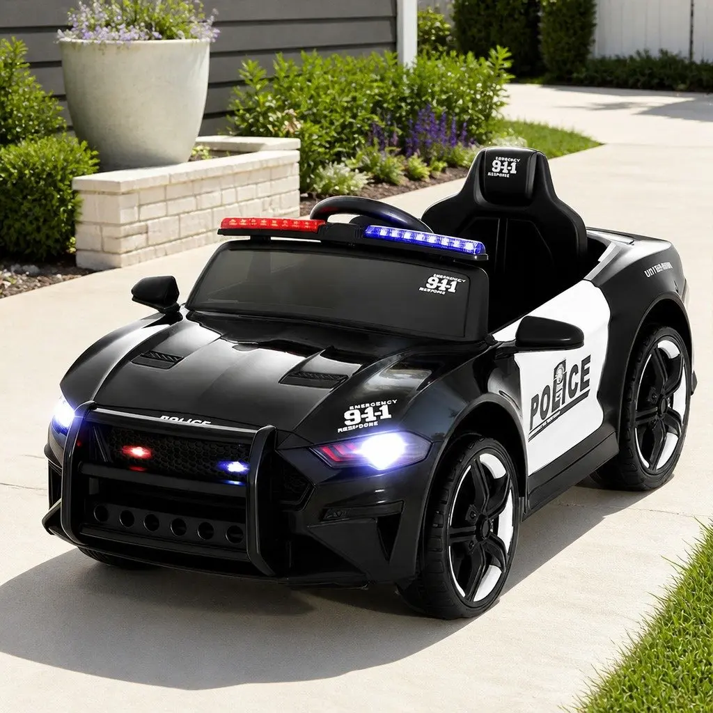 12V Electric Kids Ride On Police Car with Steering Wheel