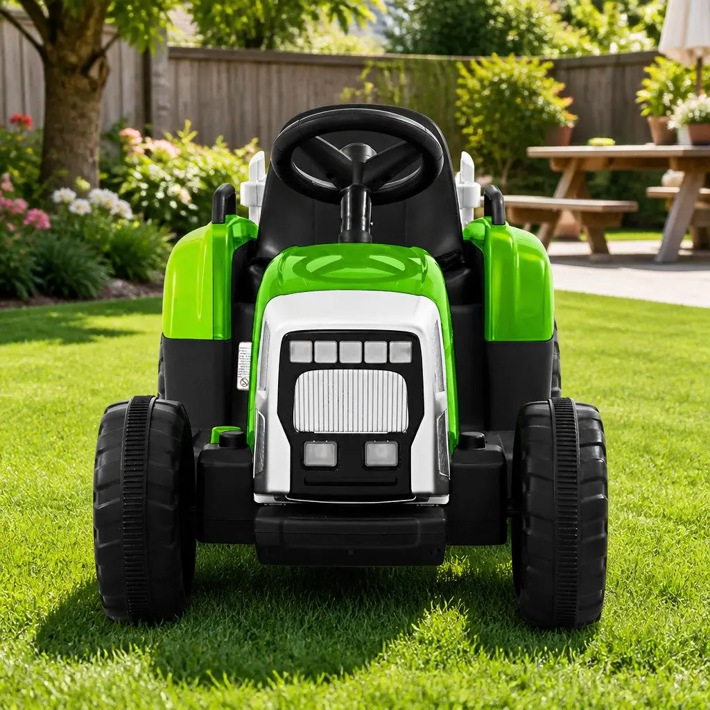 Ride On Car Electric Tractor 12V Green with Detachable Trailer and Headlights for Kids Ages 3-6