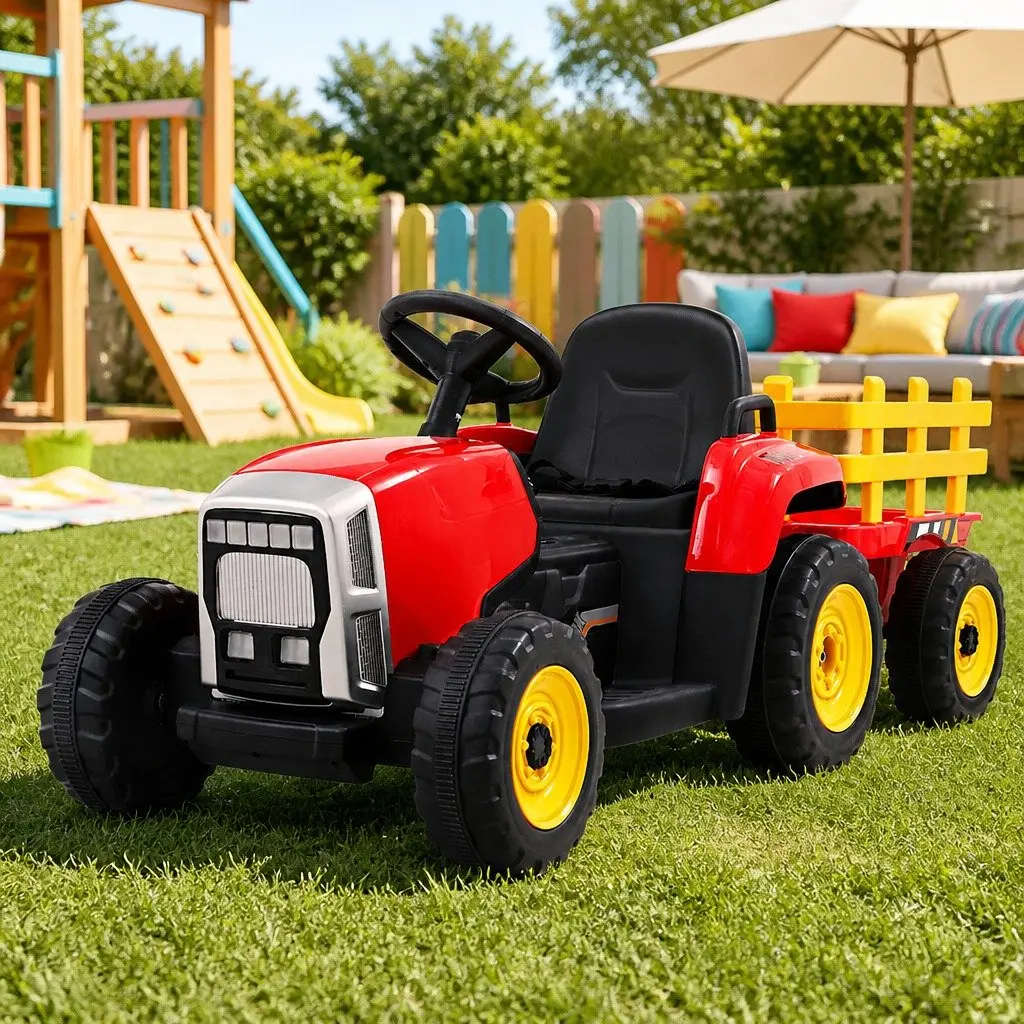 Kids Ride On Car Electric Tractor 12V Battery Powered Red Detachable Trailer