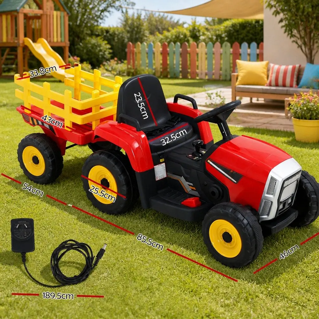 Kids Ride On Car Electric Tractor 12V Battery Powered Red Detachable Trailer