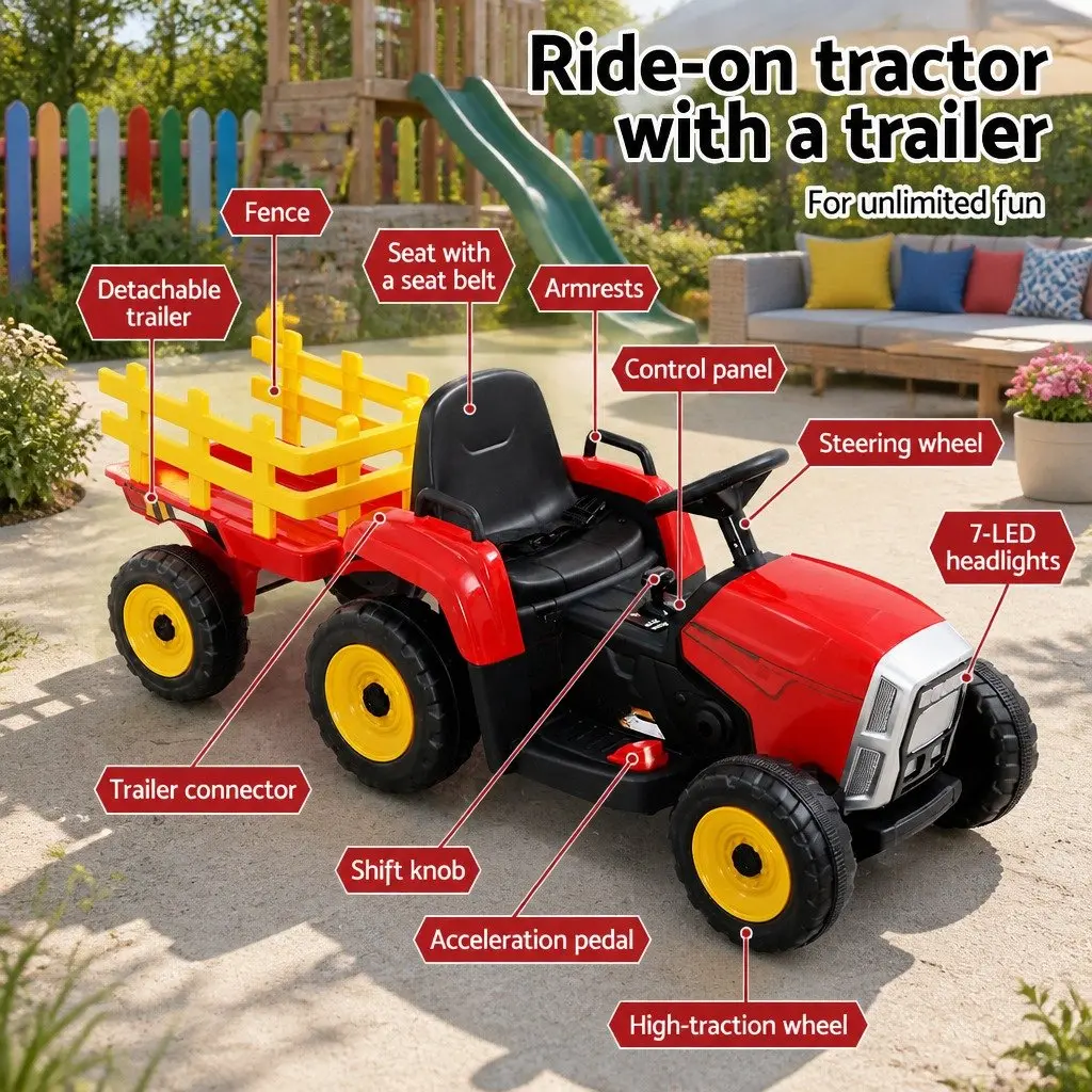 Kids Ride On Car Electric Tractor 12V Battery Powered Red Detachable Trailer