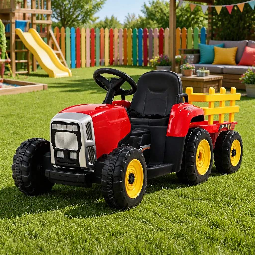 Kids Ride On Car Electric Tractor 12V Battery Powered Red Detachable Trailer