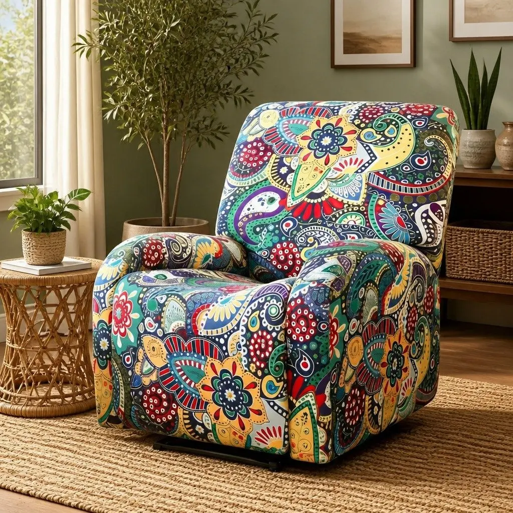 Blue Polyester Recliner Chair Slipcover Set