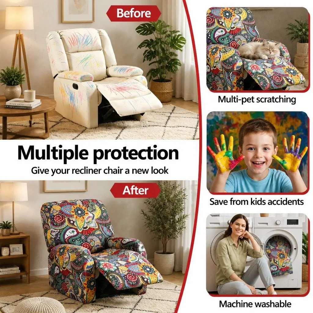 Recliner Chair Slipcover Polyester 4-Piece Stretch Cover Printed Blue