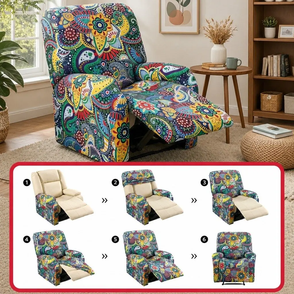 Recliner Chair Slipcover Polyester 4-Piece Stretch Cover Printed Blue