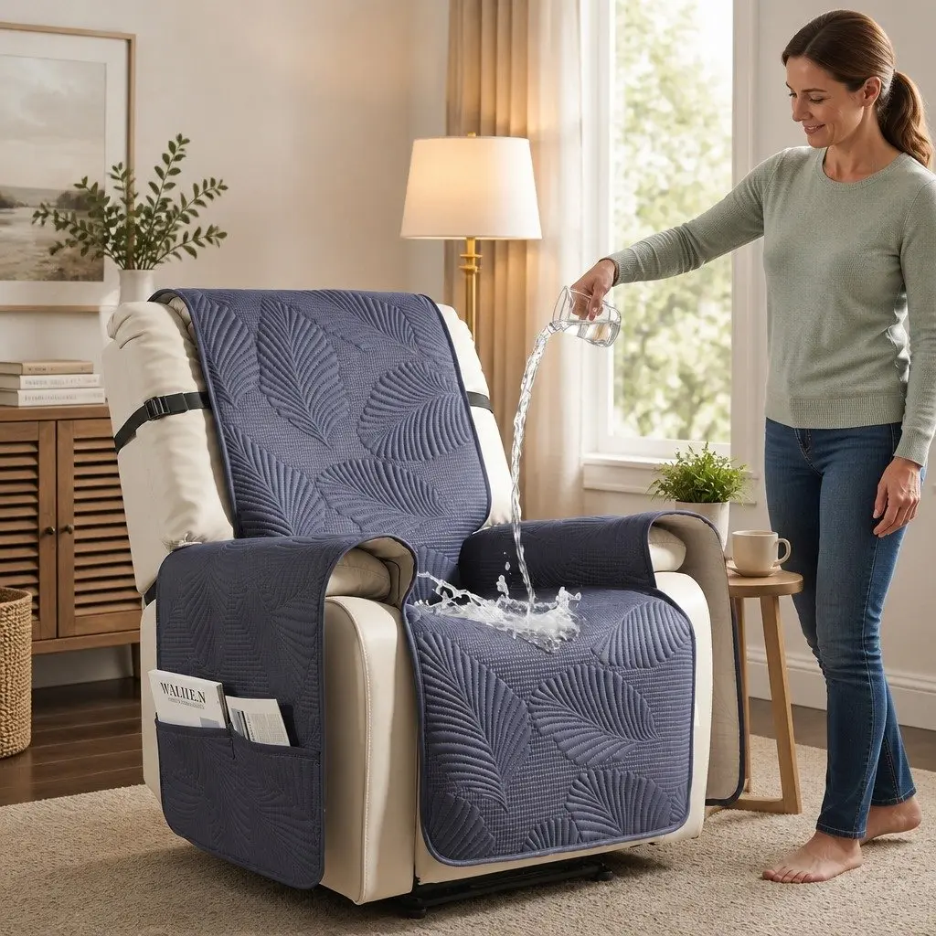 Quilted Grey Recliner Chair Cover with Pockets