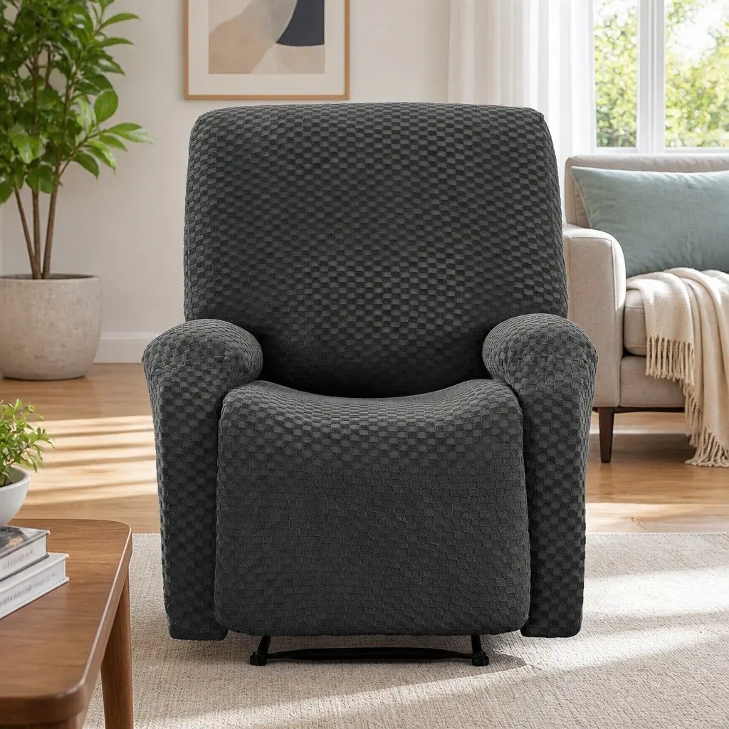 Recliner Chair Cover Soft Fabric Grey Stretch Size with Storage Side Pockets