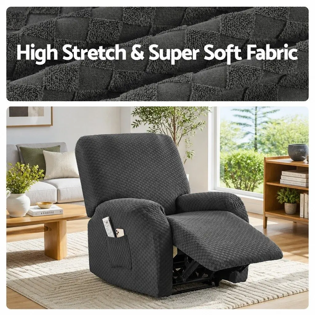 Recliner Chair Cover Soft Fabric Grey Stretch Size with Storage Side Pockets