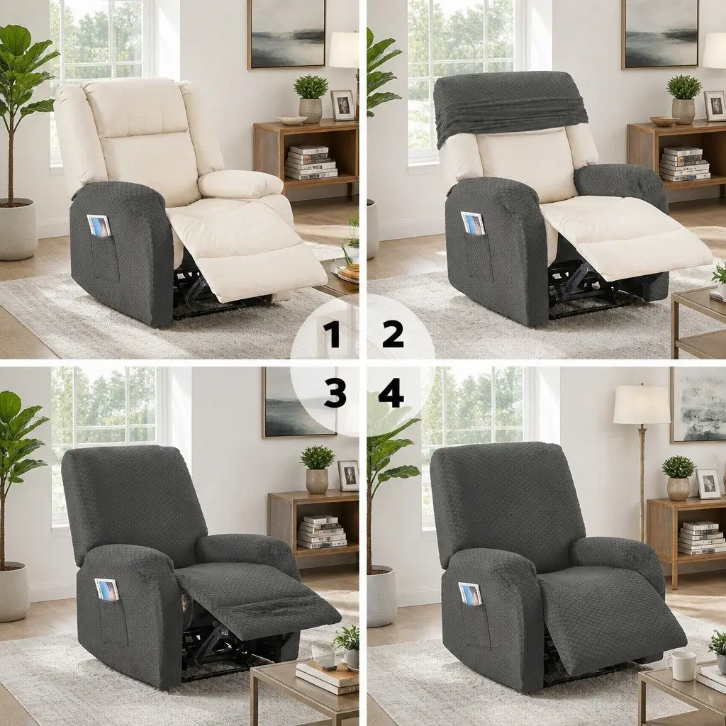 Recliner Chair Cover Soft Fabric Grey Stretch Size with Storage Side Pockets