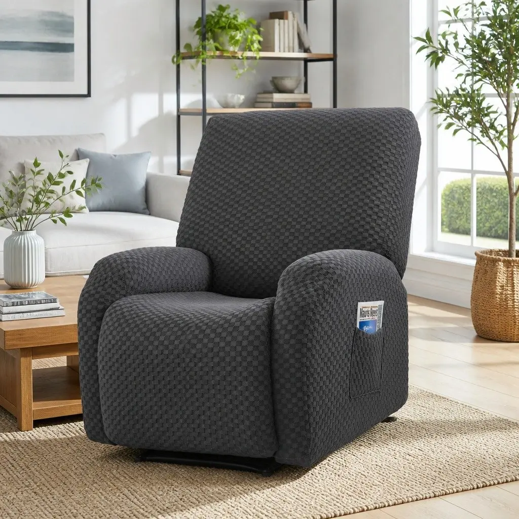 Recliner Chair Cover Soft Fabric Grey Stretch Size with Storage Side Pockets