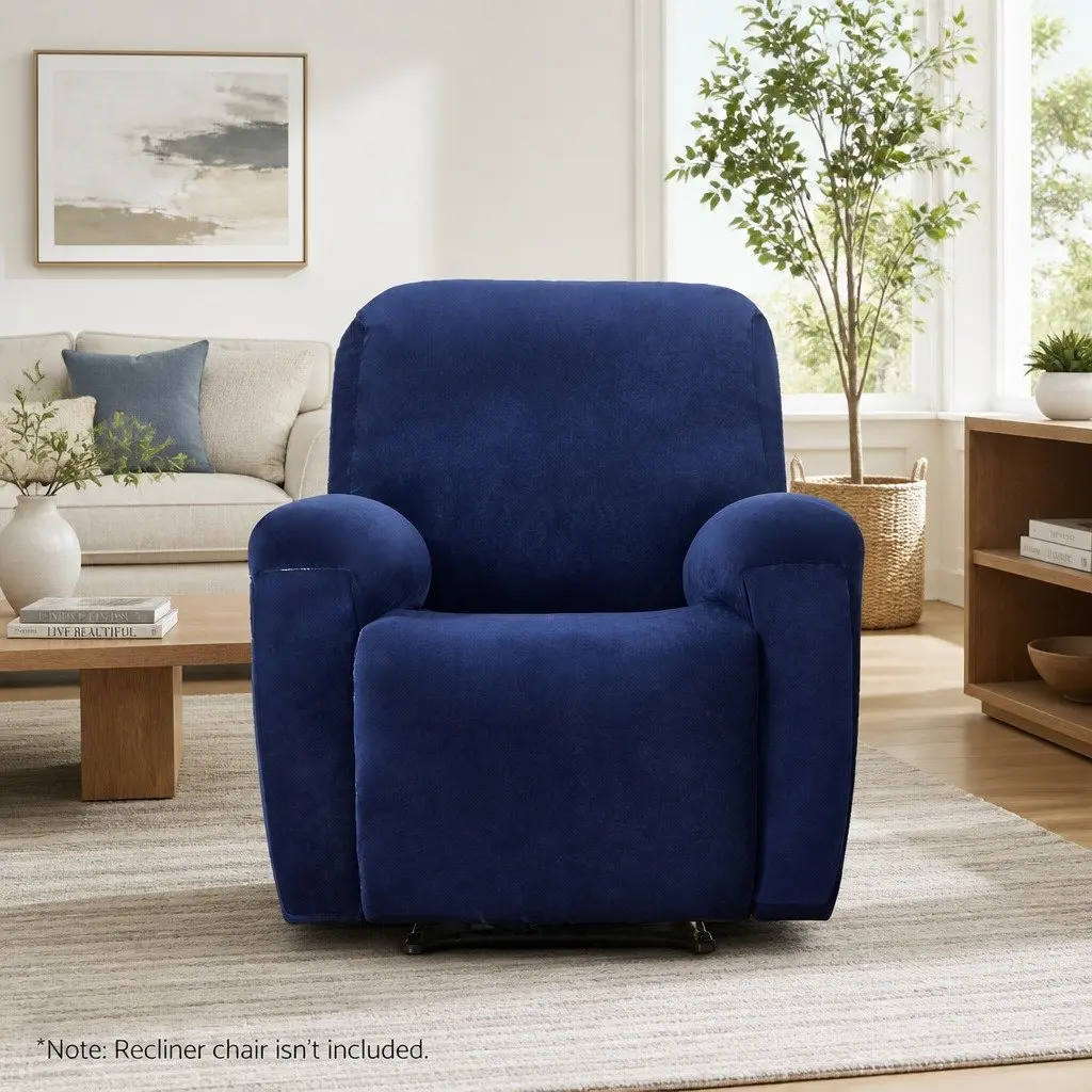 Navy Blue Velvet Recliner Chair Cover for 1 Seater