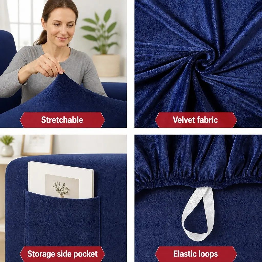 Navy Blue Velvet Recliner Chair Cover for 1 Seater