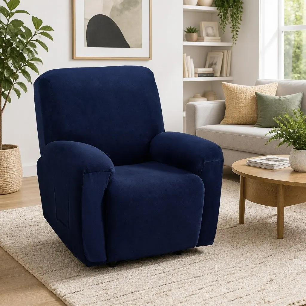 Navy Blue Velvet Recliner Chair Cover for 1 Seater