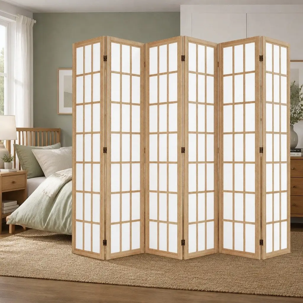 6 Panel Room Divider Solid Wood 170cm Natural Folding Screen Privacy Partition