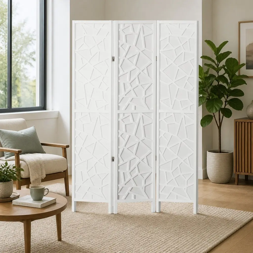 3 Panel Room Divider Screen Pine Wood Non-Woven Fabric 122x170cm White Folding Privacy Space Partition