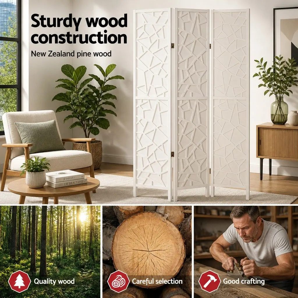 3 Panel Room Divider Screen Pine Wood Non-Woven Fabric 122x170cm White Folding Privacy Space Partition