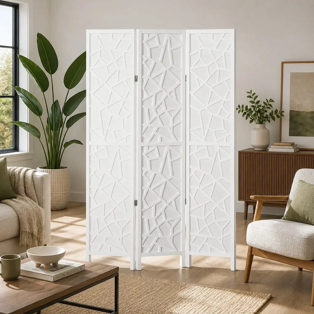 3 Panel Room Divider Screen Pine Wood Non-Woven Fabric 122x170cm White Folding Privacy Space Partition