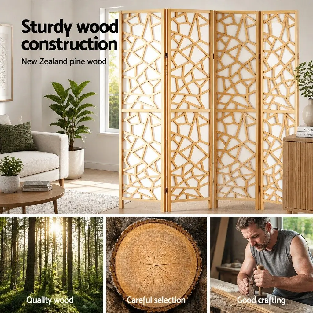 4 Panel Room Divider Pine Wood 162x170cm Natural Foldable Partition Privacy