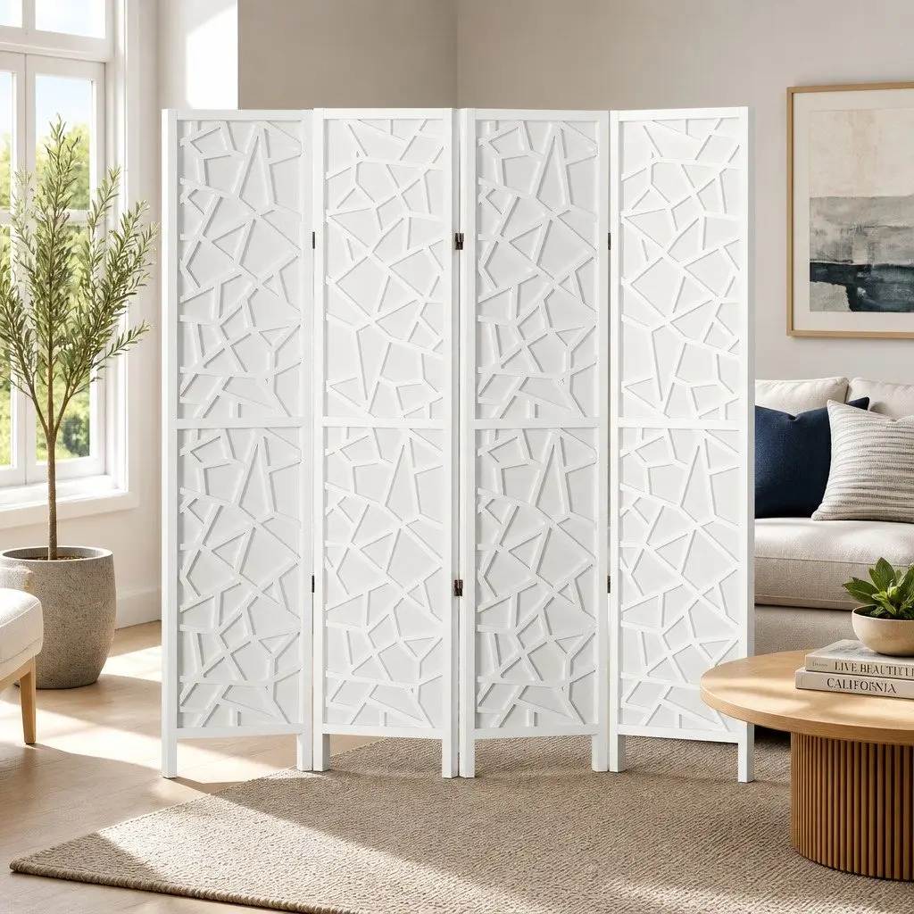 Room Divider Screen Pine Wood Non-Woven Fabric 162x170cm White 4 Panel Folding Privacy Space Partition