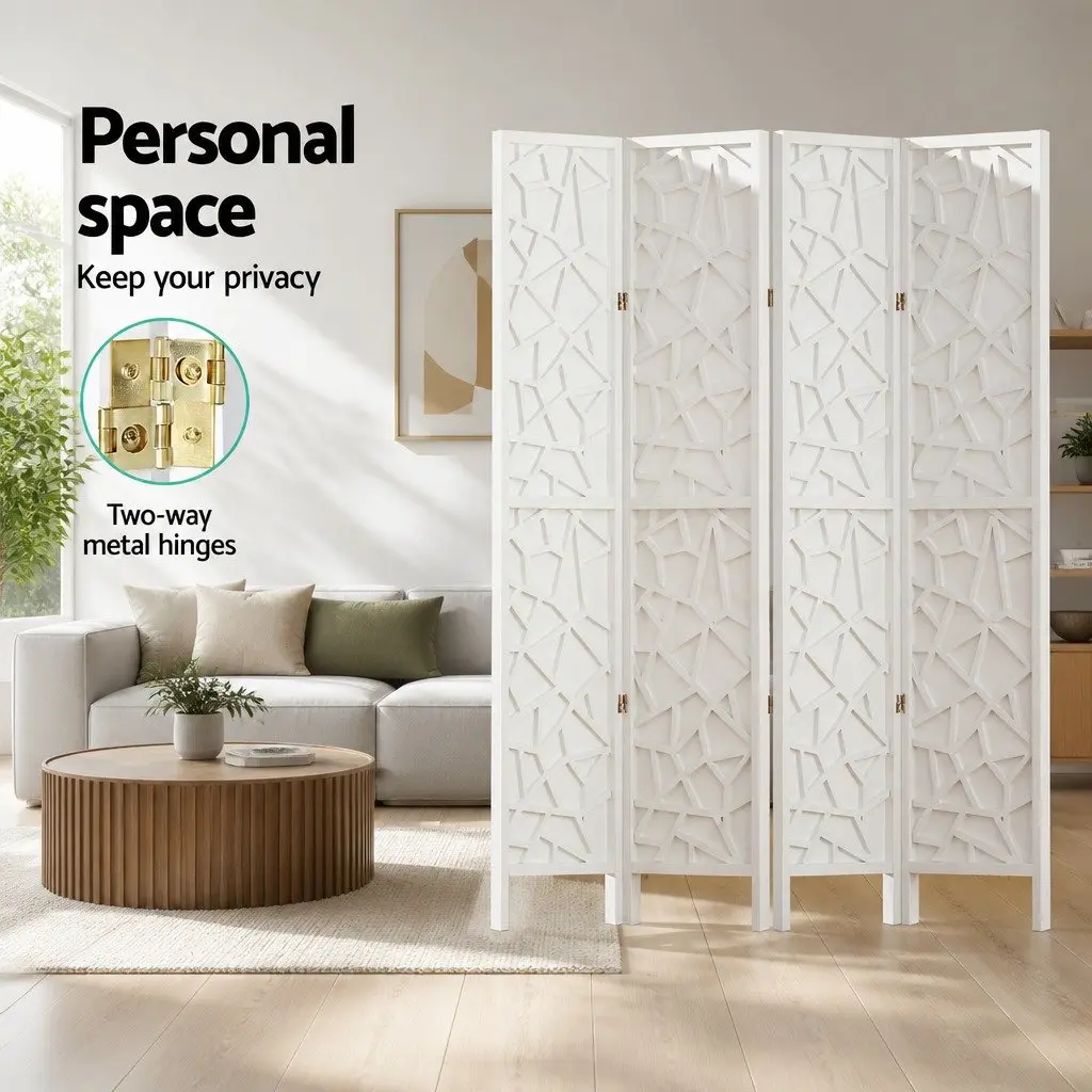 Room Divider Screen Pine Wood Non-Woven Fabric 162x170cm White 4 Panel Folding Privacy Space Partition