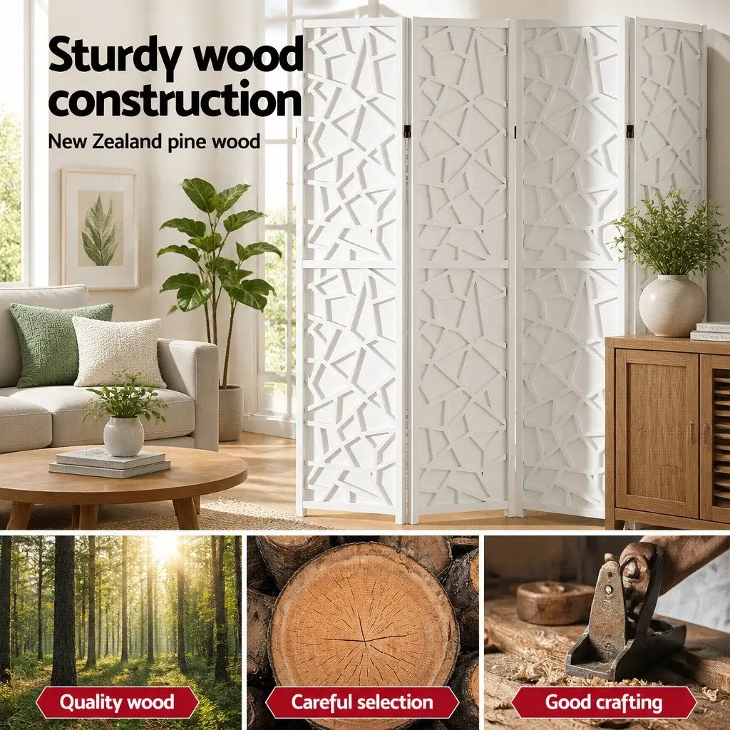 Room Divider Screen Pine Wood Non-Woven Fabric 162x170cm White 4 Panel Folding Privacy Space Partition