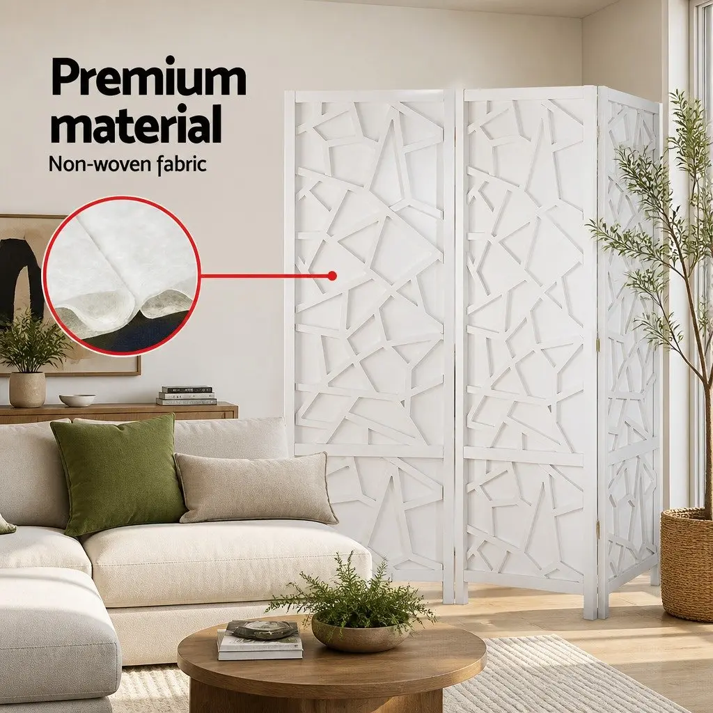 Room Divider Screen Pine Wood Non-Woven Fabric 162x170cm White 4 Panel Folding Privacy Space Partition