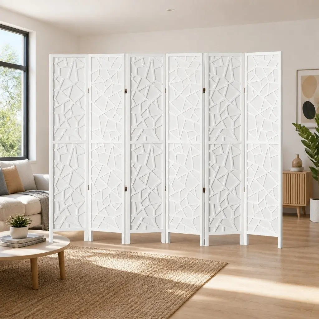 6 Panel Room Divider Screen Pine Wood Non-Woven Fabric 244x170cm White Foldable Folding Privacy Partition