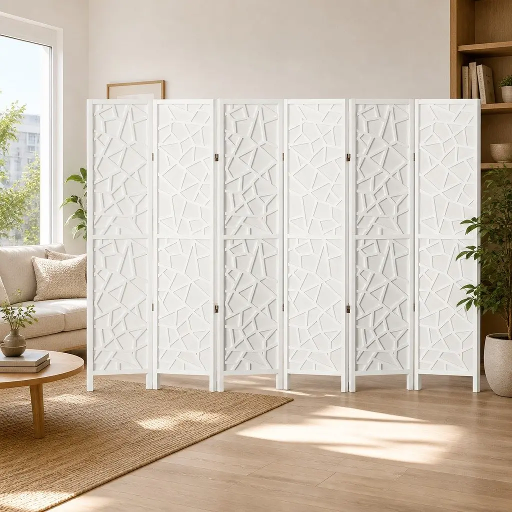 6 Panel Room Divider Screen Pine Wood Non-Woven Fabric 244x170cm White Foldable Folding Privacy Partition