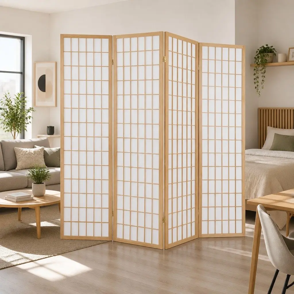 4-Panel Room Divider 174x179cm Natural Finish