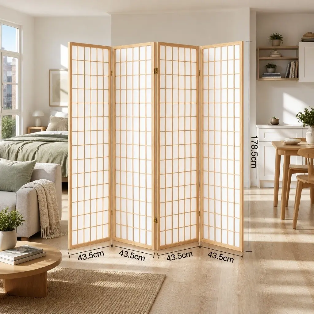 4-Panel Room Divider 174x179cm Natural Finish