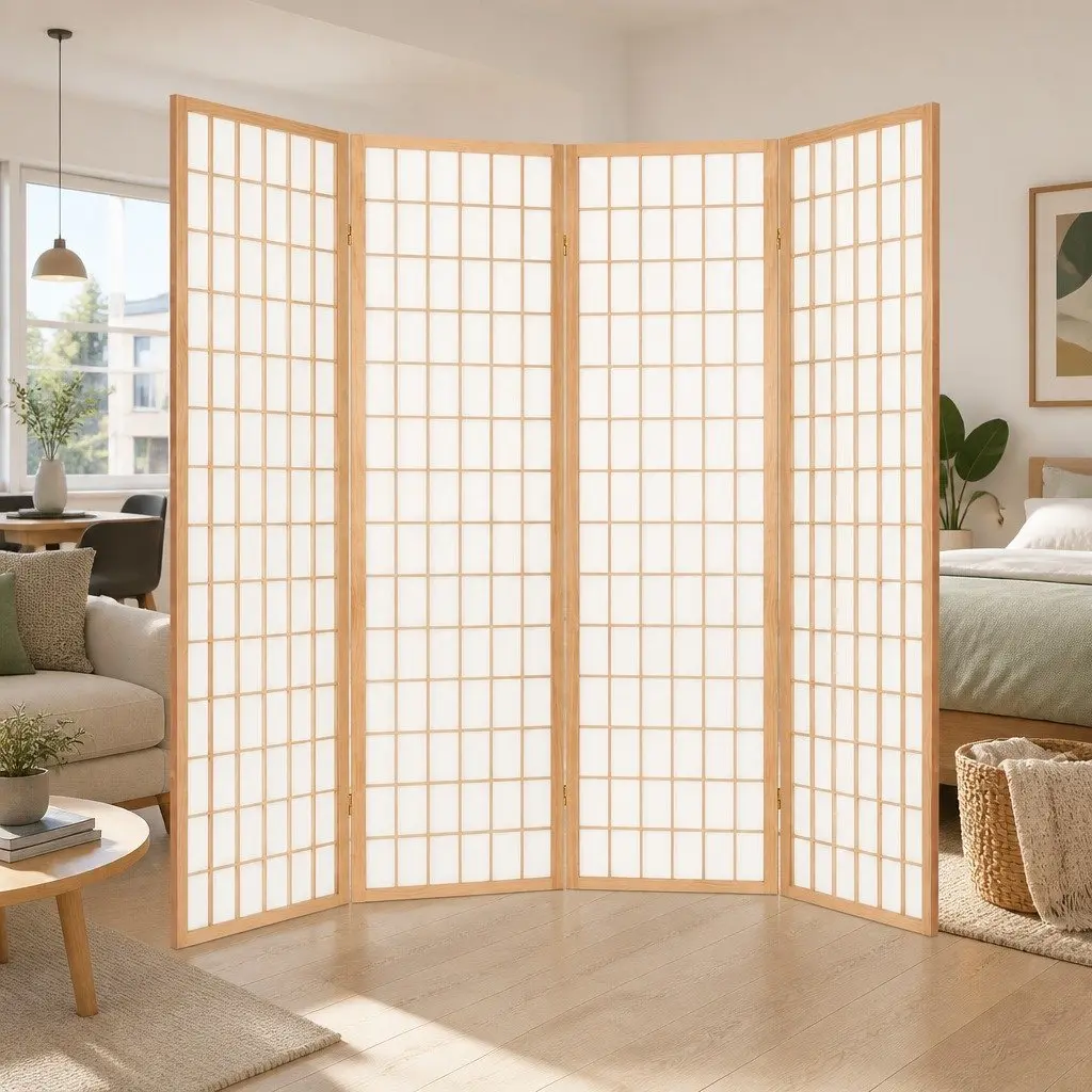 4-Panel Room Divider 174x179cm Natural Finish