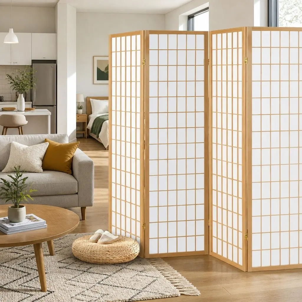 4-Panel Room Divider 174x179cm Natural Finish
