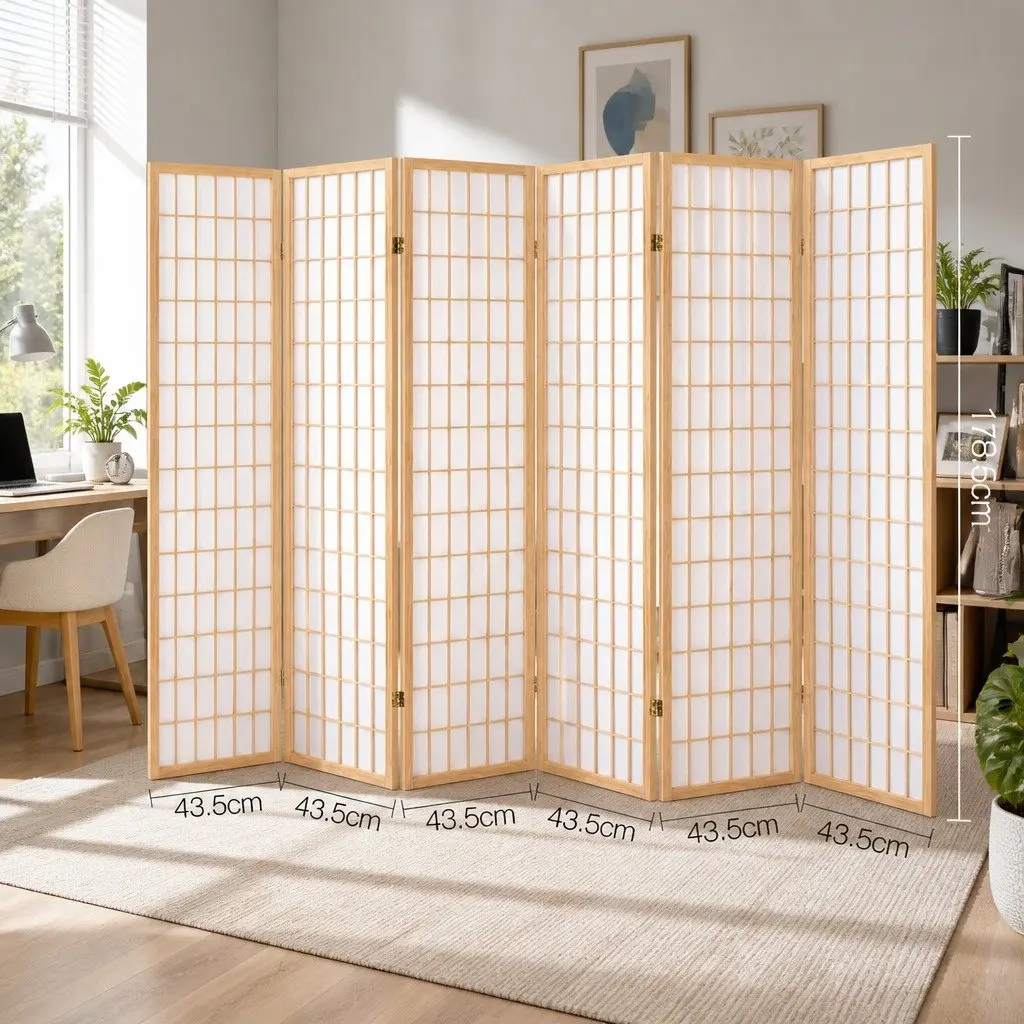 6 Panel Room Divider Screen Solid Pine Wood Non-Woven Fabric 261x179cm Natural
