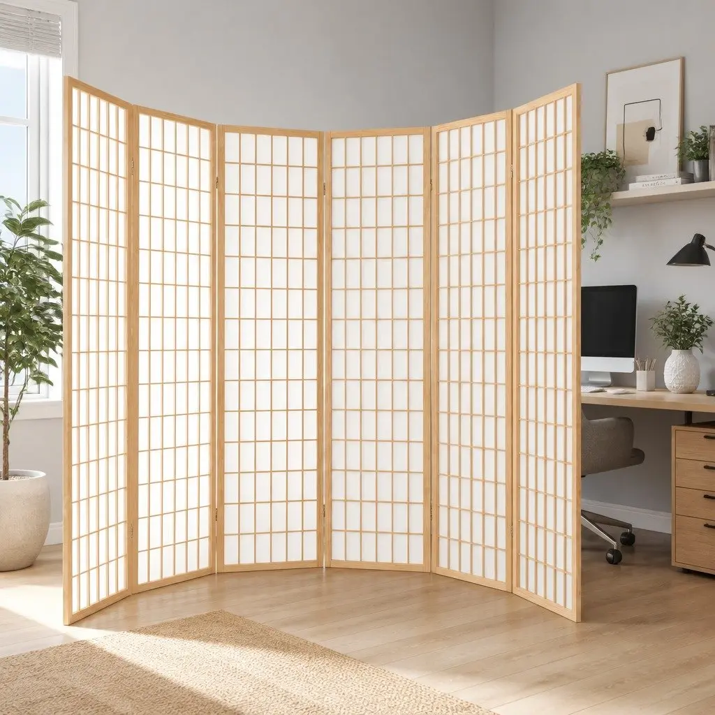6 Panel Room Divider Screen Solid Pine Wood Non-Woven Fabric 261x179cm Natural