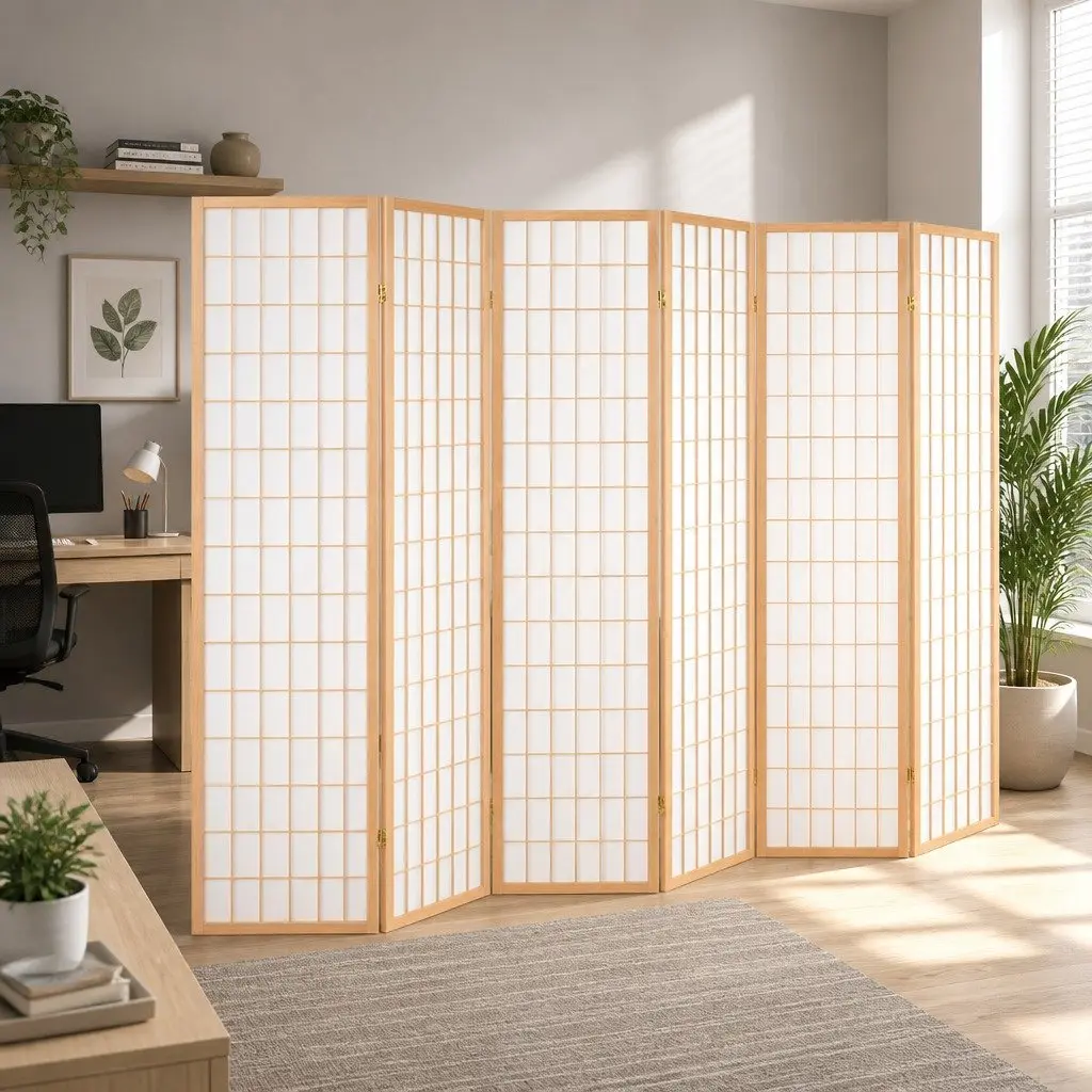 6 Panel Room Divider Screen Solid Pine Wood Non-Woven Fabric 261x179cm Natural
