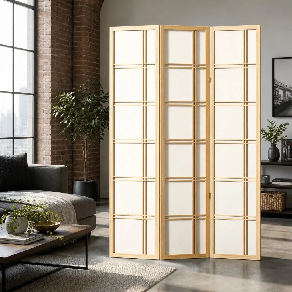 3 Panel Room Divider with Natural Wood Finish