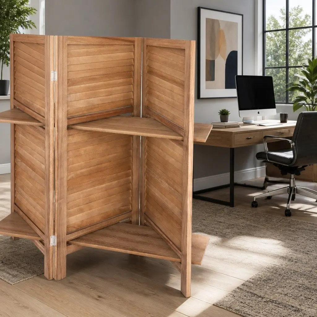 4-Panel Room Divider Screen with Wooden Frame 163x170cm