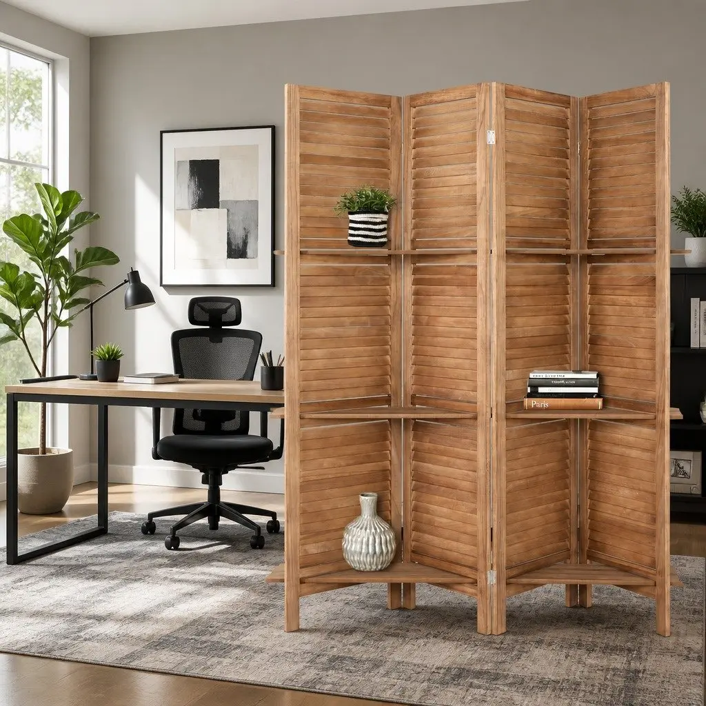 4-Panel Room Divider Screen with Wooden Frame 163x170cm