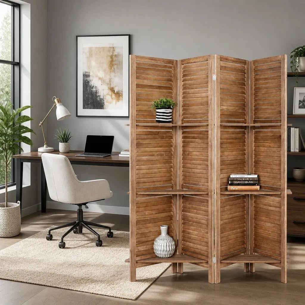 4-Panel Room Divider Screen with Wooden Frame 163x170cm
