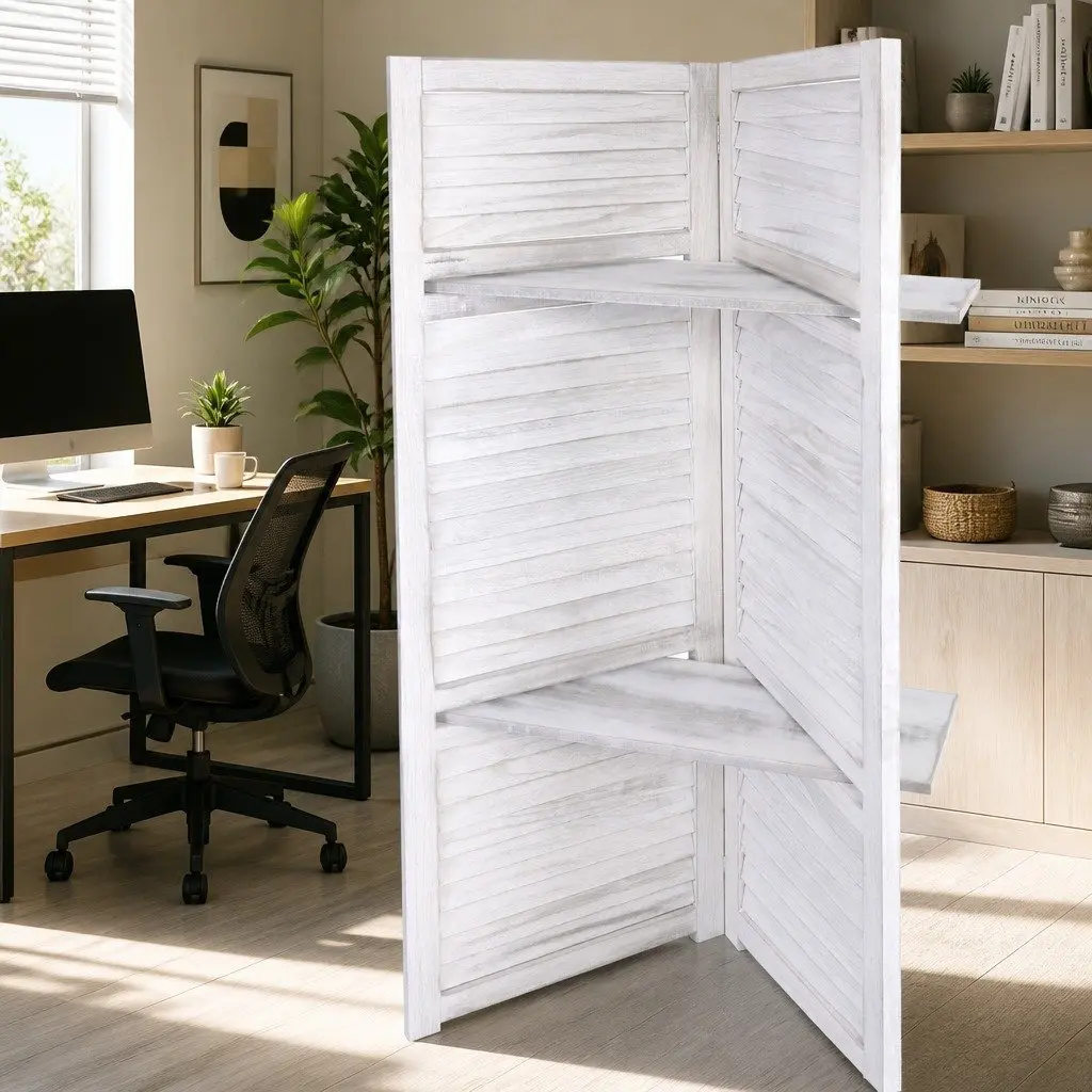 4-Panel Folding Room Divider with Shelves 163x170cm