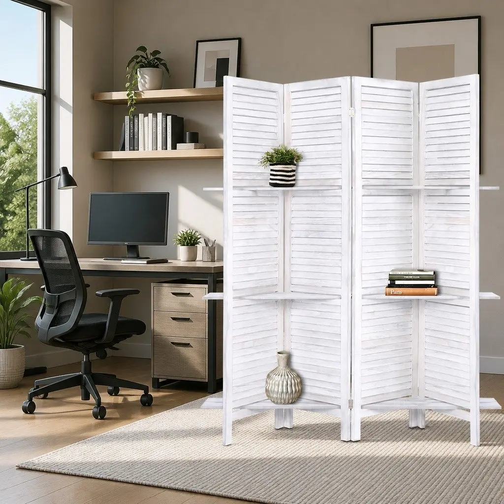 4-Panel Folding Room Divider with Shelves 163x170cm